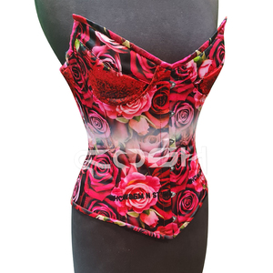 Corset en satin imprimé roses rouges, bustier romantique à baleines en acier pour l'amélioration de la silhouette, vente en gros, fabricant et fournisseur - Product Image 4