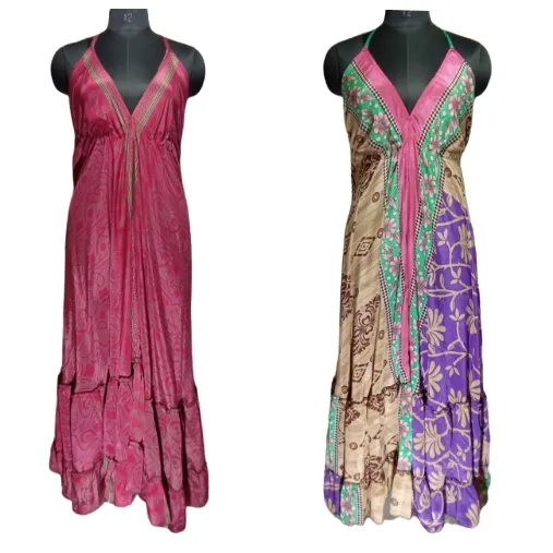 Women's boho vintage silk saree dress bohemian style sleeveless long traditional dress solid color simple dress