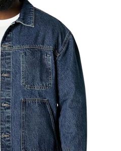 Veste en jean bleu foncé pour homme avec boutons sur le devant, design multi-poches, lavage vintage, streetwear décontracté, vêtements d'extérieur en jean bleu foncé - Product Image 4