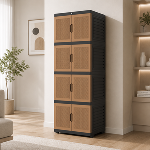 Nandos 4 Stack <b>Mini</b> Cabinet Plastic <b>Wardrobe</b>/Cabinet/Closet with Brown Rattan Hinged Doors for Bedroom Clothing General Storage - Product Image 1