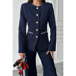 Chaqueta Blazer Azul Marino con Cuello Redondo para Mujer con Detalle de Ribete en los Bolsillos - Product Image 4