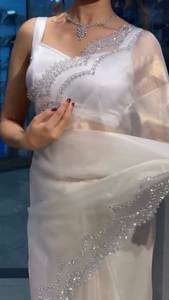 Elegant Heavy Georgette <b>Silk</b> Saree with Fancy Dori Thread Zari Lace Border Sequence Work-Indian & Pakistani Clothing - Product Image 6