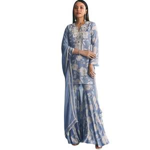 Blue Muslin Floral Print <b>Kurta</b> Sharara Suit with Moti Embroidery for <b>Women</b> Indian Wedding Party and Traditional Outfit - Product Image 1