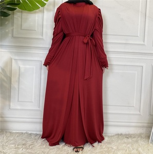 2023 mujeres musulmanas de alta calidad Abaya Dubai diseño logotipo personalizado servicio OEM Color sólido cinturón personalizado cintura manga plateada - Product Image 3