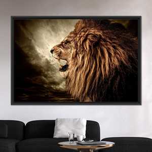 Tableau sur toile Lion rugissant : Impression moderne d'animaux sauvages pour une décoration audacieuse, toile encadrée noire - Product Image 1