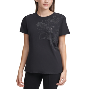 T-Shirt da Donna Calvin Klein con Decorazioni Floreali e Paillettes, 100% Cotone Jersey, Taglie XS e XXS, Versione Corta e Aderente, Nera - Product Image 1
