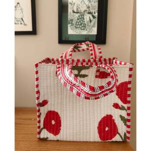 <b>Red</b> Poppy Handblock Tote Mini <b>Bag</b> Custom Design PU Open Closure Water Resistant Embroidery Letter Decoration Solid Color for All - Product Image 3