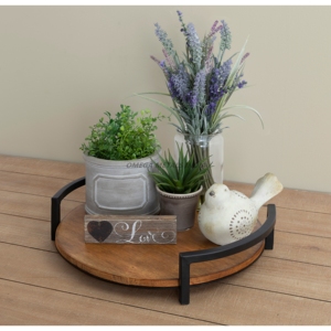 Bandeja DE SERVICIO DE MADERA marrón rústica con asas de metal negro y diseño encantador perfecto para exhibir plantas y artículos decorativos - Product Image 1