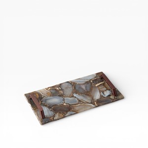 Plateau élégant rectangulaire en agate marron avec un design en mosaïque de cristaux naturels et des poignées en métal modernes - Product Image 1