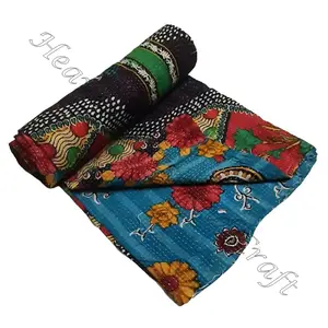 Бохо Канта бросает индийский двусторонний сшитый вручную тяжелый бросок старого сари одеяло для работы тяжелый 3-7 слой Кантха лоскутное одеяло