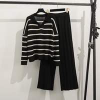 Ensemble 2 pièces tricoté pour femme, haut rayé à manches longues et jupe plissée, décontracté, coupe ample, longueur complète, anti-boulochage, pour l'automne