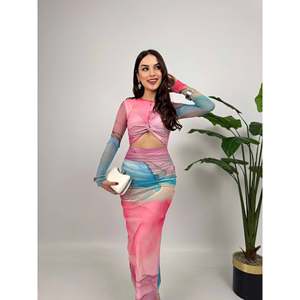 MissJANELL Vestido largo elegante de tela de tul azul para mujer con estampado, vestido de fiesta informal de manga larga 100% poliéster - Product Image 4