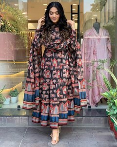 ชุดคลุมอนาลกาลิจากผ้าฝ้ายปากีสถานสำหรับผู้หญิงเดรสอินเดียยาวถึงพื้นพร้อมลูกไม้ตกแต่งด้านบนสไตล์ซักได้ - Product Image 2