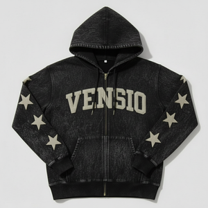 Sweat à capuche zippé vintage personnalisé, streetwear, poids lourd, 100% coton, hiver, broderie de strass, couture inversée, patch uni - Product Image 1