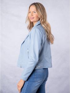 Blouson aviateur en cuir véritable bleu clair pour femme, fermeture éclair asymétrique, doublure en coton respirant, vêtement d'extérieur tendance pour l'hiver - Product Image 3