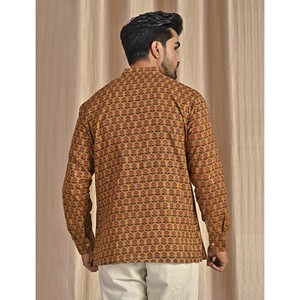 Kurta décontracté pour homme en coton imprimé à manches longues couleur moutarde respirant coupe courte - Product Image 6