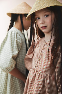 Girls <b>Red</b> <b>Gingham</b> Regular Sleeve Beach Silhouette Mid-Calf V-neck Button Eco-Friendly Casual Summer Style Cotton Dress - Product Image 2