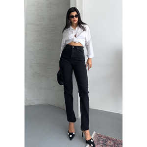 Jean en denim taille haute Mom Fit, délavage foncé, élément de mode simple, lavable - Product Image 5