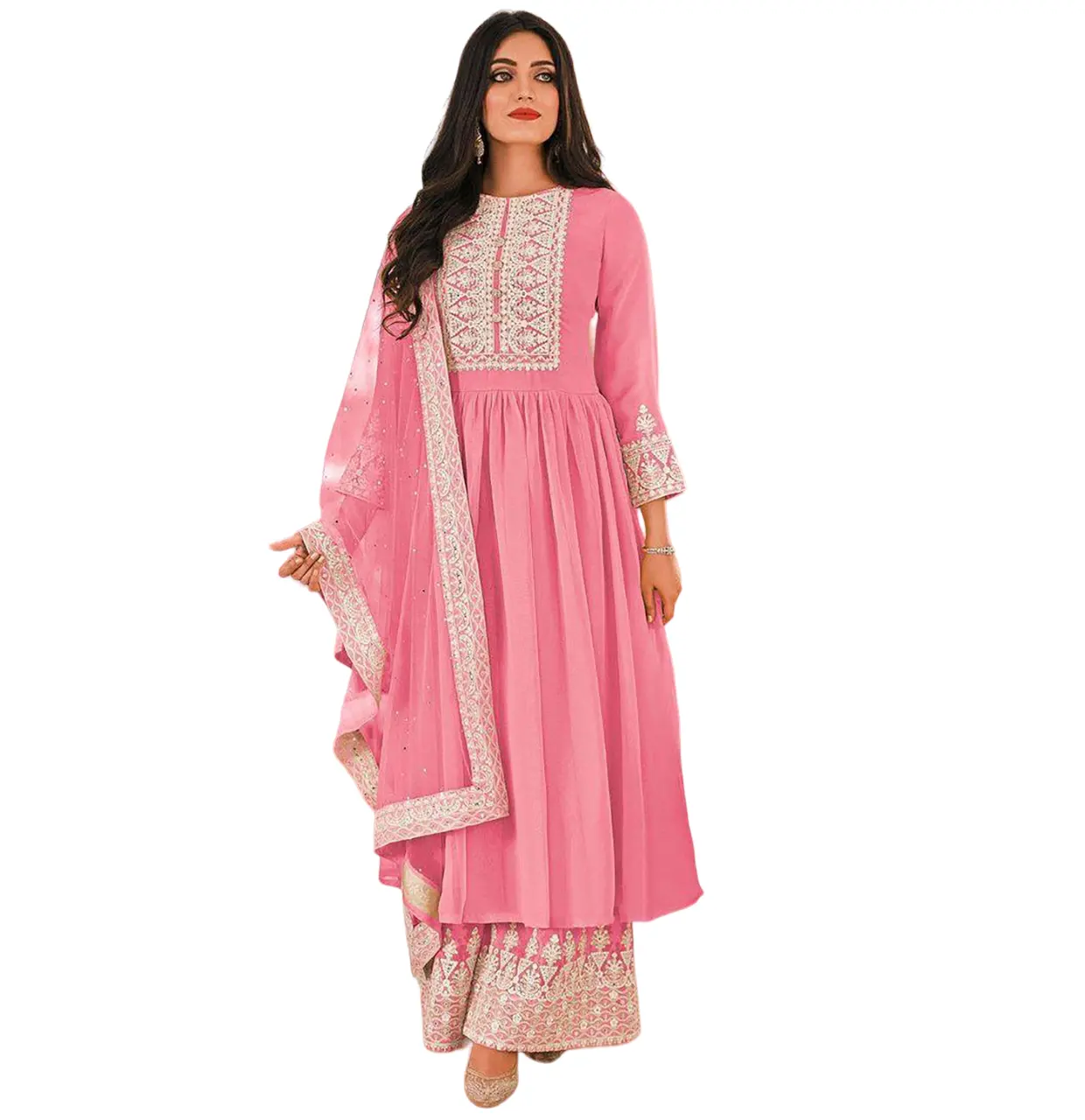 Desgaste Étnico Tradicional Georgette Com Lantejoula Trabalho Bordado Anarkali Kurti e Dupatta Preço De Atacado Vestido Indiano para As Mulheres