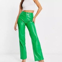 Femmes élégant ample jambe droite en cuir PU taille haute pantalon respirant Streetwear bouton plat avant taille moyenne Style d'hiver