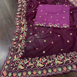 Sari de Georgette Brillante de Diseño de Alta Calidad con Bordado de Lentejuelas y Borde con Trabajo de Corte, 5.50 Metros, para Bodas y Fiestas - Product Image 1