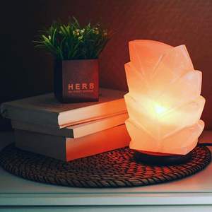 Luxurious Hand-Carved Himalayan <b>Salt</b> Lamp with Wooden Base in Leaf Design for Natural Wellness and Elegant Home Decor - Product Image 5