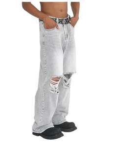 กางเกงยีนส์เดนิมทรงหลวมแบบขายส่ง คุณภาพดี กางเกงยีนส์เดนิมแบบขาดๆ สไตล์สตรีท สีเทา สำหรับผู้ชาย - Product Image 5