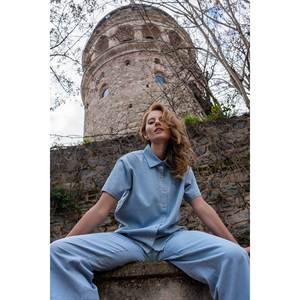 Ensemble pantalon et chemise à manches courtes en coton pour femme avec poches - Bleu - Bleu - Product Image 1