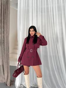 Elegant <b>Burgundy</b> <b>Trench</b> <b>Coat</b> With Belt Full Sleeve Stand Collar Double Breasted Short Length Autumn Wear - Product Image 6