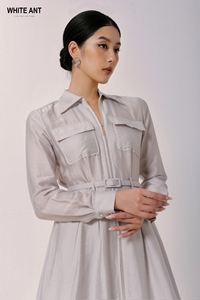 Design de luxe robes pour femmes col rabattu Margaret robe semi-circulaire tissu écologique Logo personnalisé blanc Vietnam - Product Image 5