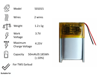 Baterai Lithium Polimer 501015 2 Kabel 50mAh 3.7V Baterai Isi Ulang untuk Earbuds TWS Earphone Speaker