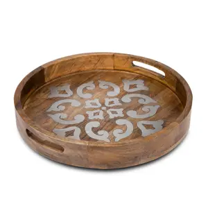 מגש הגשה עגול מעץ מנגו בעבודת יד עם מגש עיצוב מודפס למטבח באיכות הטובה ביותר מהודו