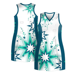 Free Design OEM <b>Women's</b> Basketball Netball Uniform <b>Dress</b> White <b>Blue</b> Printed Breathable 4-way Stretch Moisture Wicking - Product Image 2