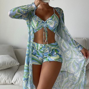 Ensemble de maillot de bain trois pièces pour femmes européennes et américaines, imprimé lettres, taille haute, manches longues, avec fente - Product Image 4
