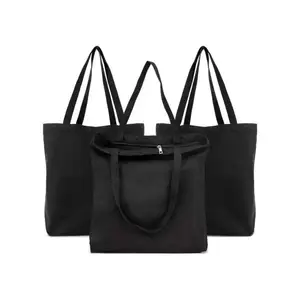 10oz Canvas Tote Black Tote Bag DIY Plain Solid Heavy Large Tote Canvas Bag With Zipper