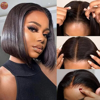 Perruque Courte Droite Classique Noire Naturelle Bob avec Dentelle HD Pré-Pluckée, Cheveux Humains Vierges pour Femmes Noires