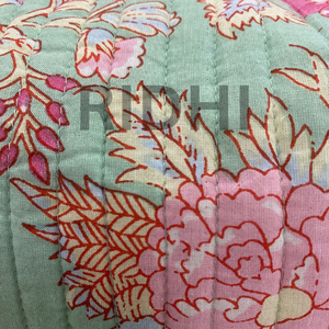 Pastel Jade with Pink Blossom Cotton Quilted Zipper Tote <b>Bag</b> Floral Block Printed Travel <b>Toiletry</b> Reusable Grocery Shopping Tote - Product Image 4