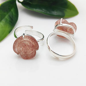 กำไลข้อมือทำมือ925เงินสเตอร์ลิงสีชมพูเวอร์เมลสตรอเบอรี่สลักลายดอกกุหลาบดอกกุหลาบพร้อมการตั้งค่าง่ามแหวนดอกไม้ที่สง่างาม - Product Image 1