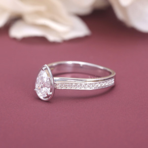 IGI Certified Pear Cut Lab Grown Diamond Bezel Set Engagement <b>Ring</b> 18K White / Rose & Yellow Gold Pave Shank Solitaire <b>Ring</b> - Product Image 4