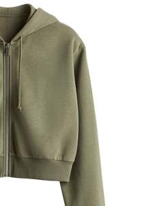 Sudadera con Capucha Corta Personalizada para Mujer, Color Verde Oliva, con Cierre, Manga Larga, con Cordón, Estilo Casual, Ropa de Calle, Moda de Invierno - Product Image 2