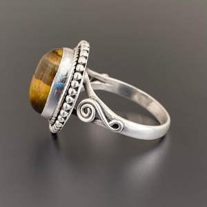 925 Sterling Silver Gold Plated Tiger Eye Gothic Classic <b>Statement</b> <b>Ring</b> 8 Gram Oval Cut Bohemian Handmade Bezel Setting Unisex - Product Image 3