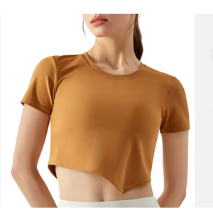 T-shirt de sport décontracté à manches courtes pour femme, en coton doux et élasthanne de haute qualité, coupe ajustée, col à nœud, logo écologique pour l'été - Product Image 3