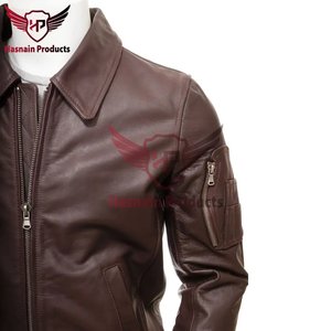 Mens Brown Genuine Leather Bomber Jacket Classic Rib Knit Hem Shirt Collar Zipper Casual Slim Fit Leather <b>Coat</b> - Product Image 3
