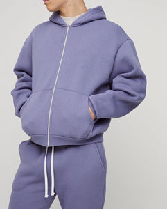 Custom Distressed Patch Men's Winter Fleece Breathable Zip-Up Hoodie Flared Pants Tracksuit Casual Wear Oversized Sweatpants Set - Product Image 5