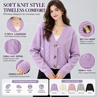 Cardigan boutonné pour femme FNJIA, lavande, manches longues, col en V, tricot torsadé, pull décontracté, fabricant de vêtements à marque privée