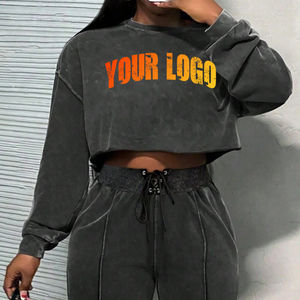 Custom 2-Piece <b>Set</b> for Women Distressed <b>Embroidery</b> Cropped Hoodie and Sweatpantsfull Length Winter Tracksuit - Product Image 6