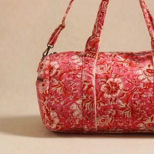 Red Floral Handprinted Cotton Tactical Duffel Bag-Eco-Friendly Large Capacity Zipper Closure Sport Multi-Use Travel Outdoor - Product Image 3