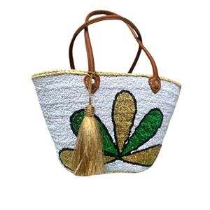 Sac fourre-tout marocain tissé à la main avec poignées en cuir véritable, forme tonneau, pour la plage et le shopping, pour femmes - Product Image 1