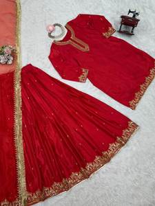 Elegant Indian Sharara Set Red Ethnic Wear with Embroidered Kurta, <b>Net</b> Dupatta & Flared <b>Skirt</b> <b>for</b> Party & Festive Wear - Product Image 6
