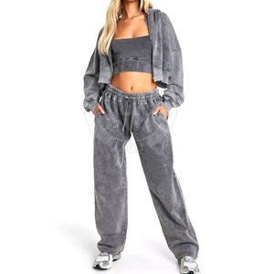 Conjunto de chándal de lavado ácido OEM/ODM para mujer, chándal lavado elegante con capucha de bolsillo frontal, chándal de lavado ácido de moda - Product Image 1